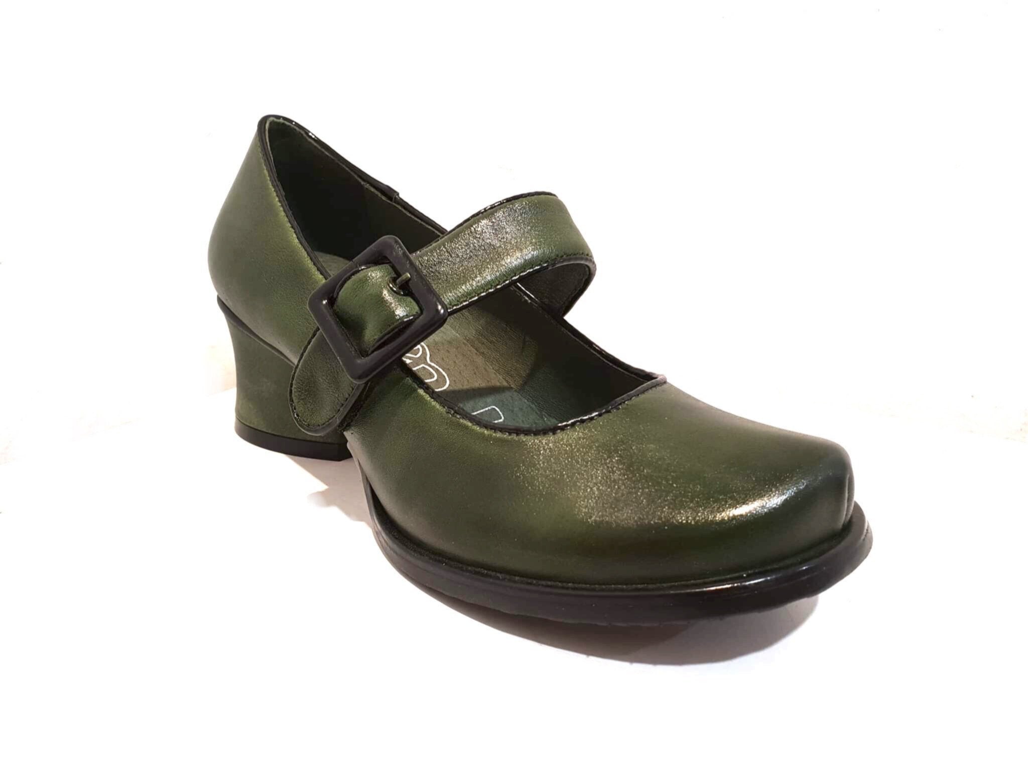 Minki Vicki Forest Green Ladies Court Shoe Velcro Buckle Strap