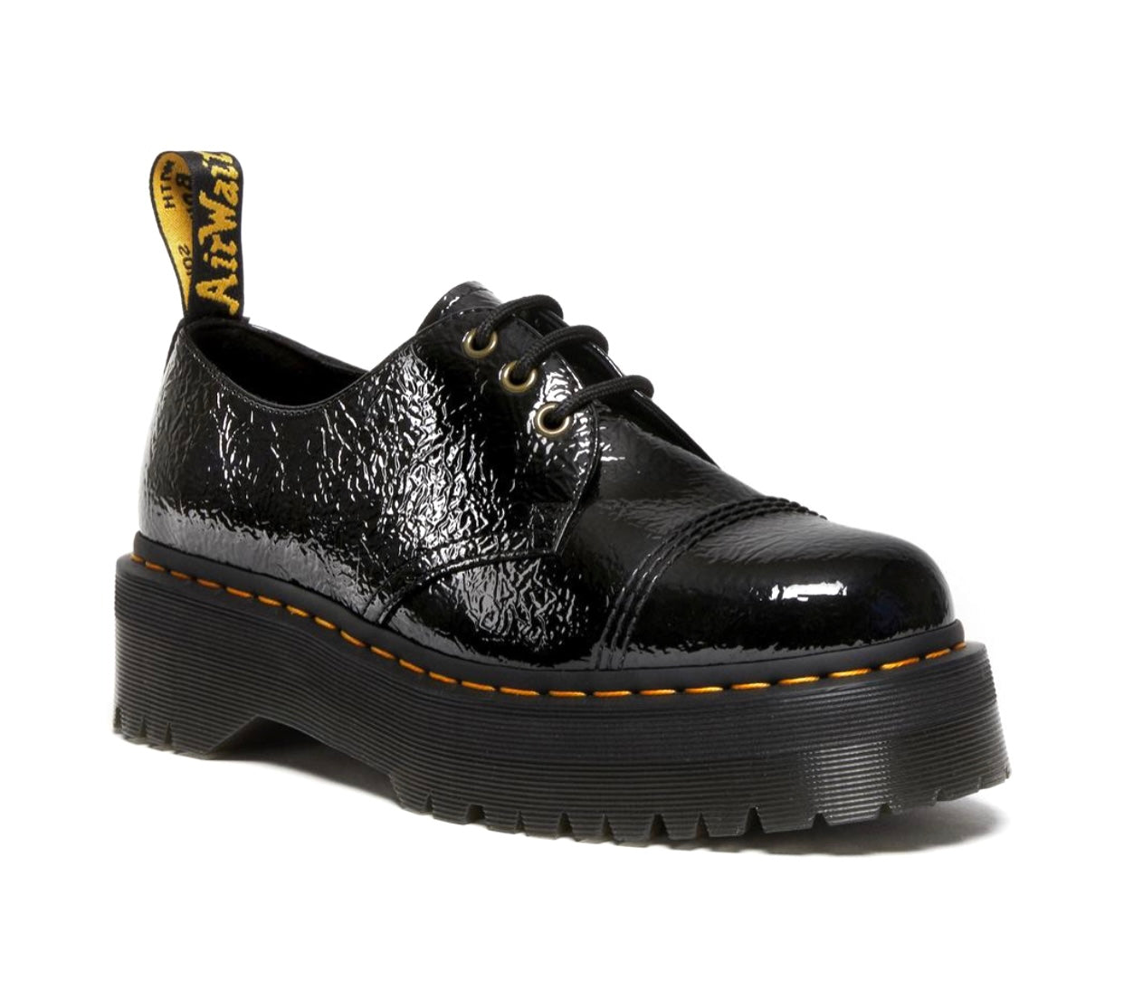 Dr. Martens 1461 Quad Black Distressed Patent Platform 3 Eyelet Shoe