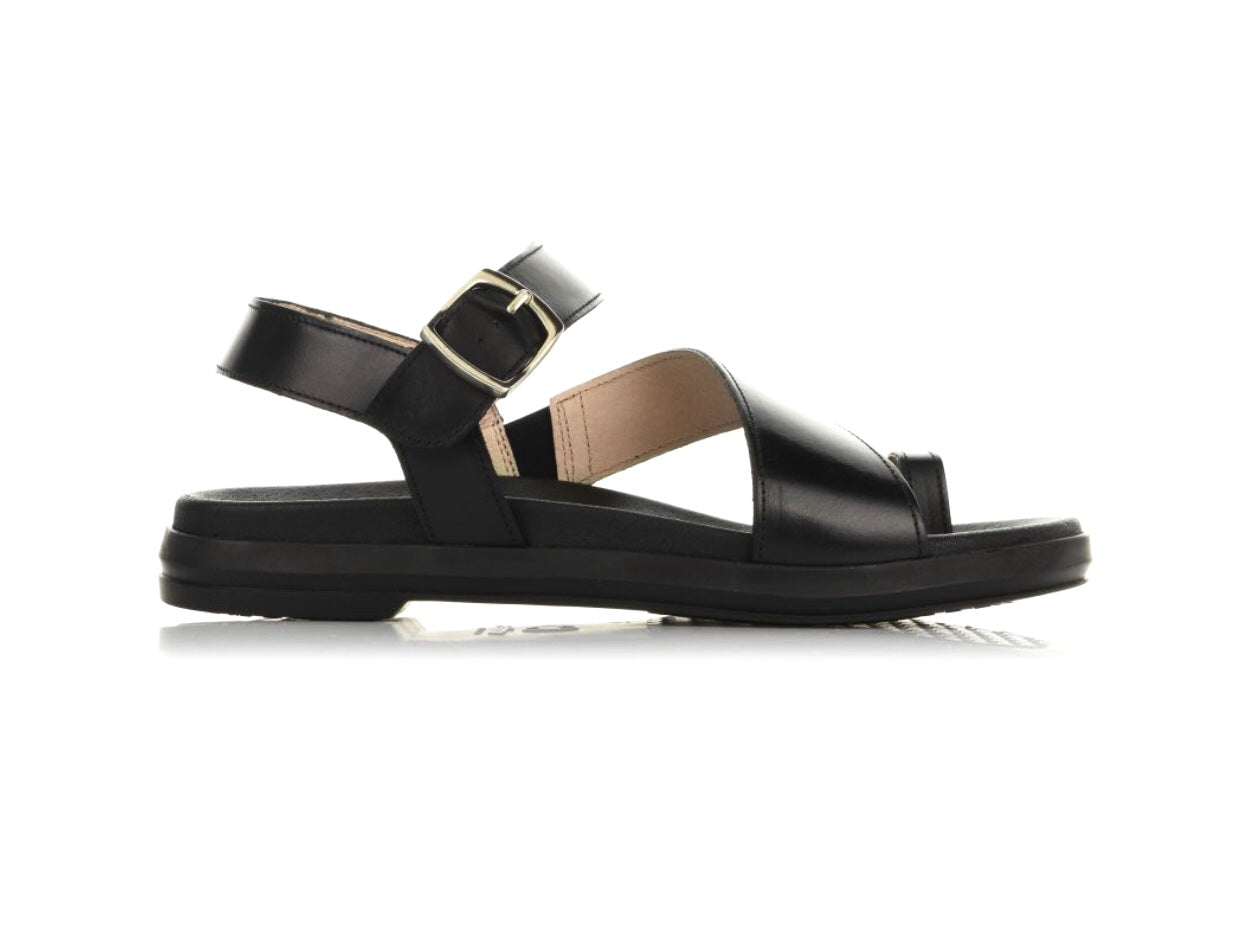 Wonders B-7413 Black Negro Pergamena Leather Toe Loop Sandals Made In Spain