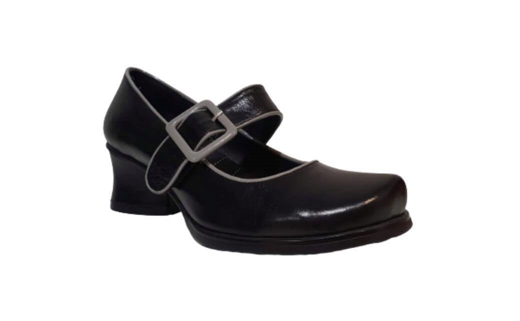 Minki Vicki Black Grey Buckle Velcro Court Shoe
