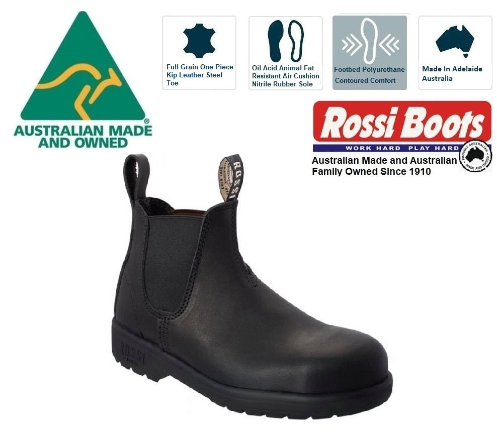Rossi Boots Apollo 701 Black Steel Toe Chelsea Boot Made In Australia
