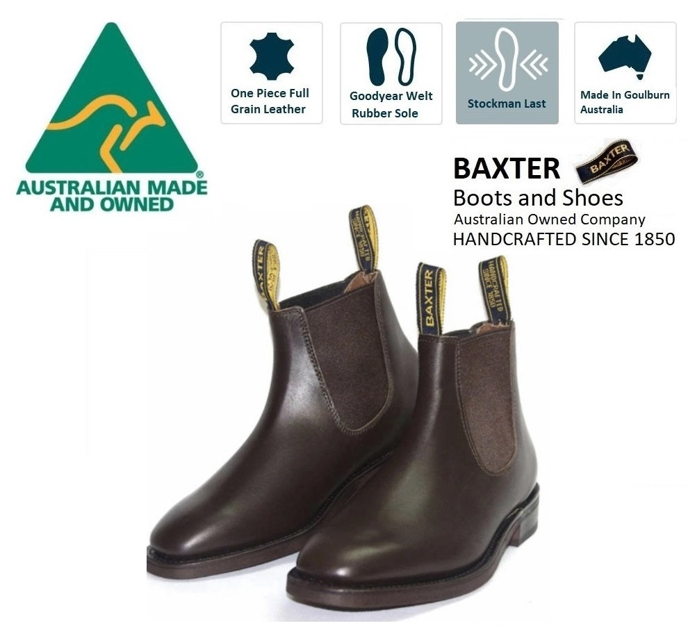 Baxter Saddler Walnut Brown One Piece Leather Rubber Sole Chelsea Boot Made In Australia