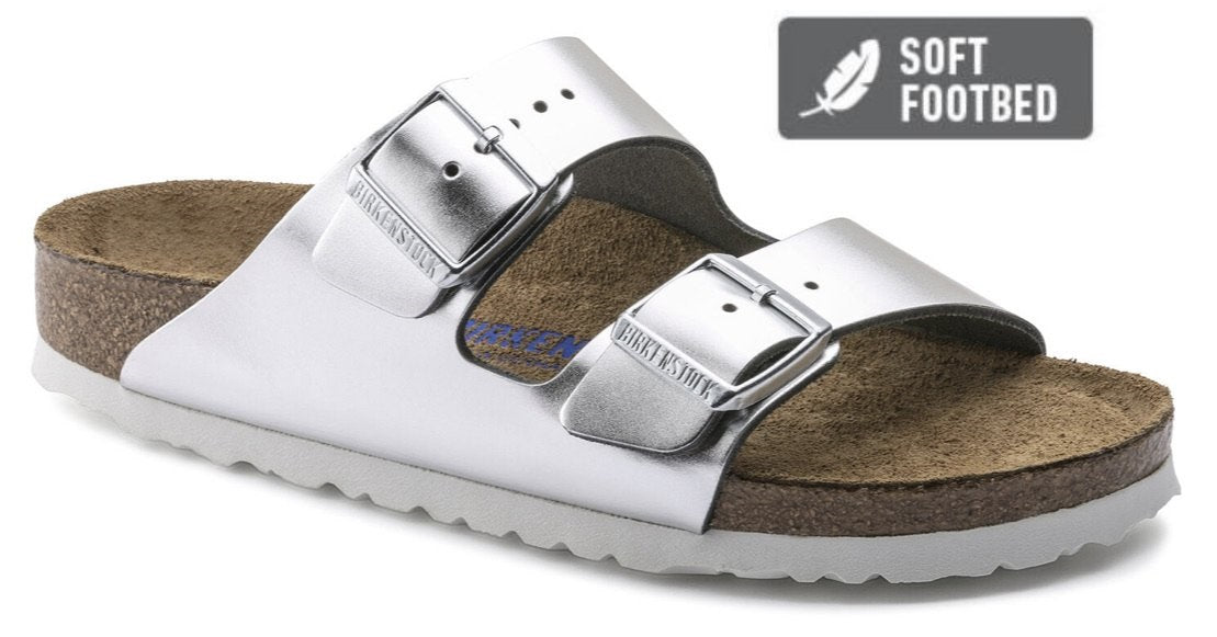 Birkenstock Arizona Metallic Silver Leather Soft Footbed Made In Germany